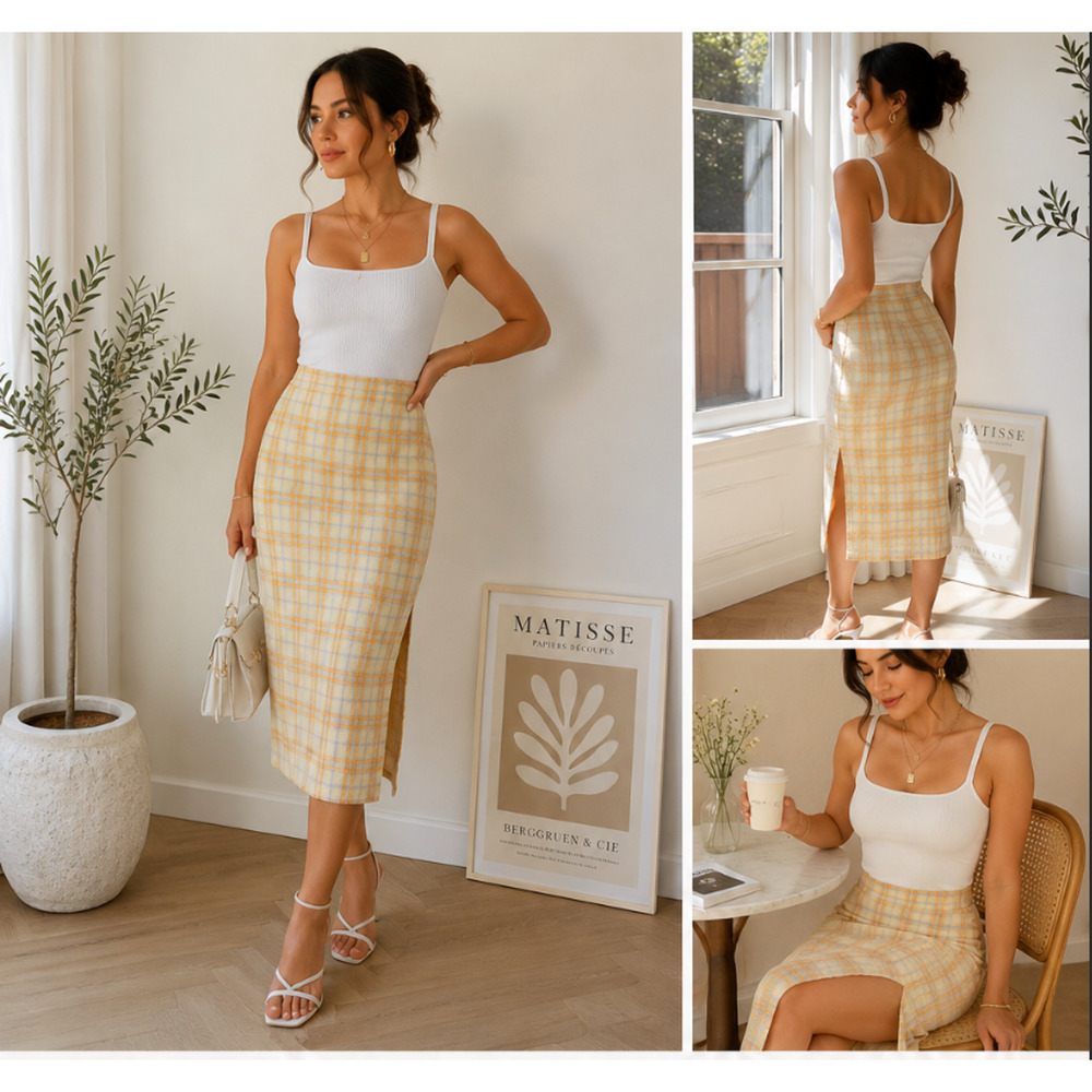 Zara Yellow Plaid Midi Pencil Skirt Women’s Small Side Slit Cottagecore